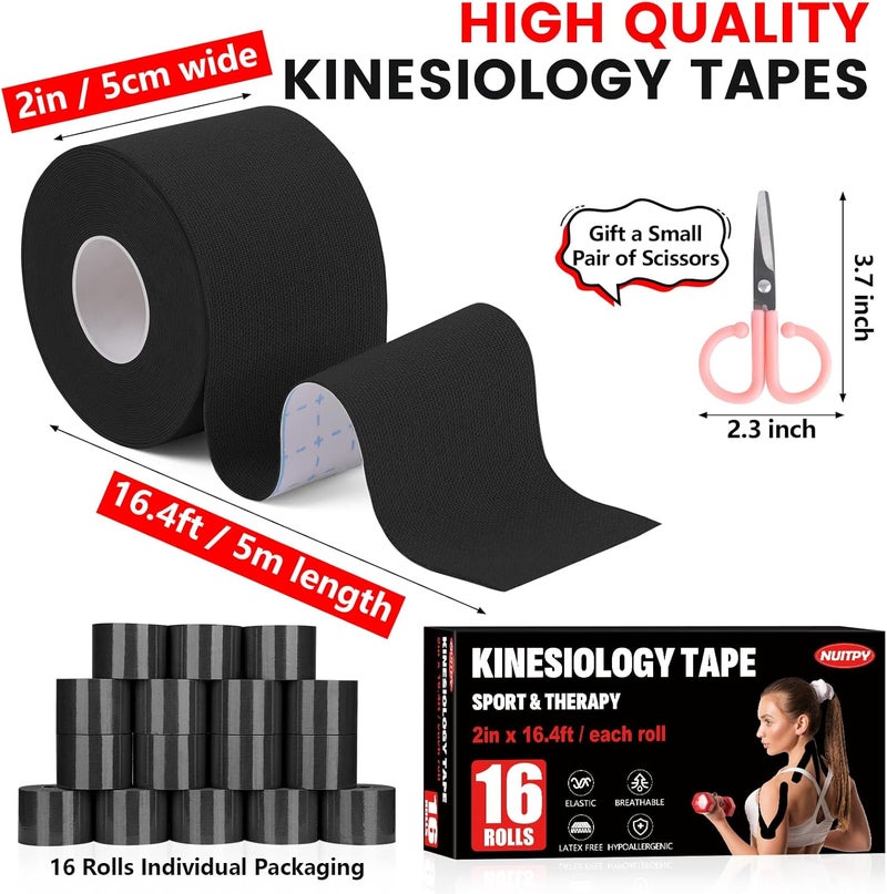 NUITPY 16 Rolls Kinesiology Tape, 2 inch x 16.4 Feet Waterproof Athletic Tape, Uncut Kinetic Tape, Elastic Muscle Tape, Sports Tape, Knee Tape for Exercise and Daily Use - Black - Image 2
